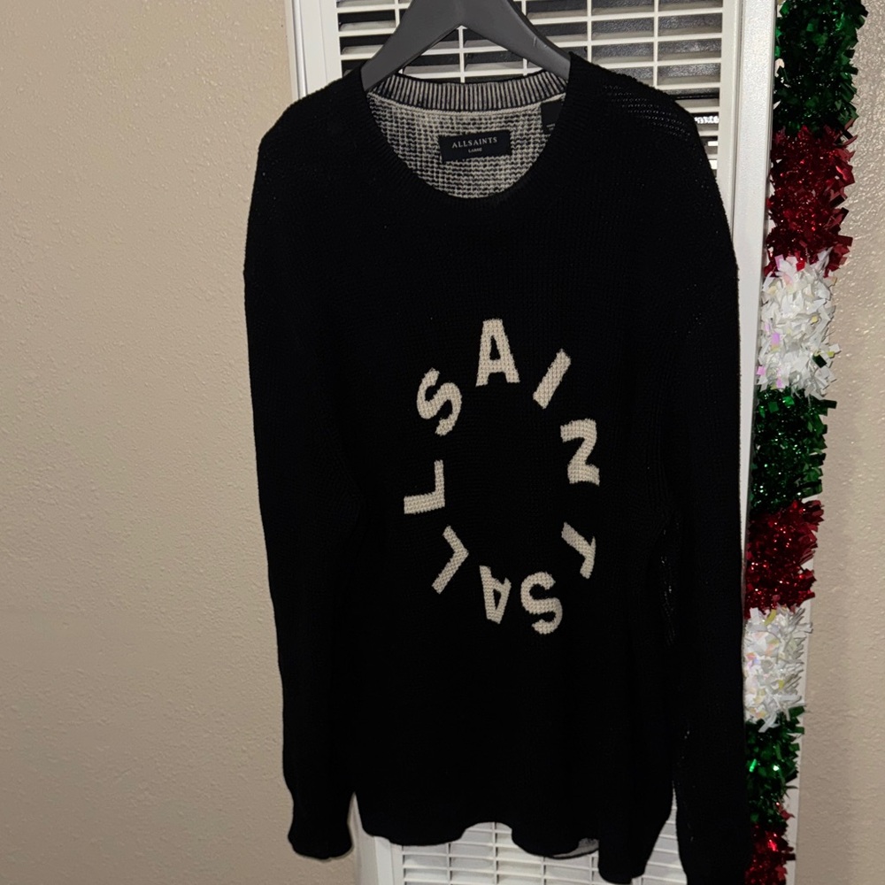 All Saints Black Crewneck Sweater with White Logo